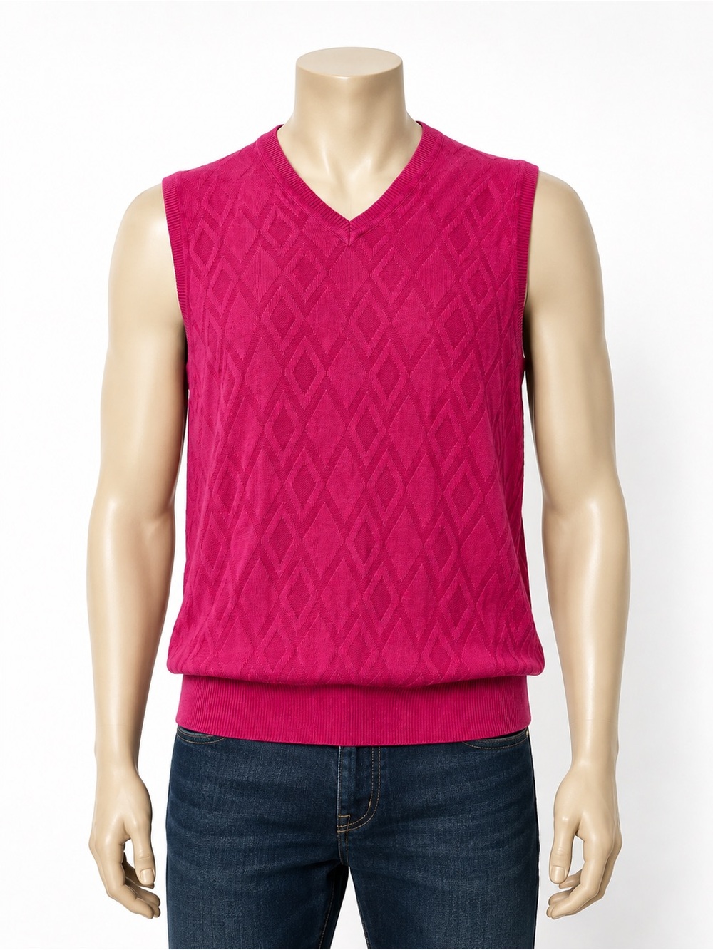 Alan Flusser Menβs XL Pink Diamond Knit Sweater Vest 100% Cotton V-Neck